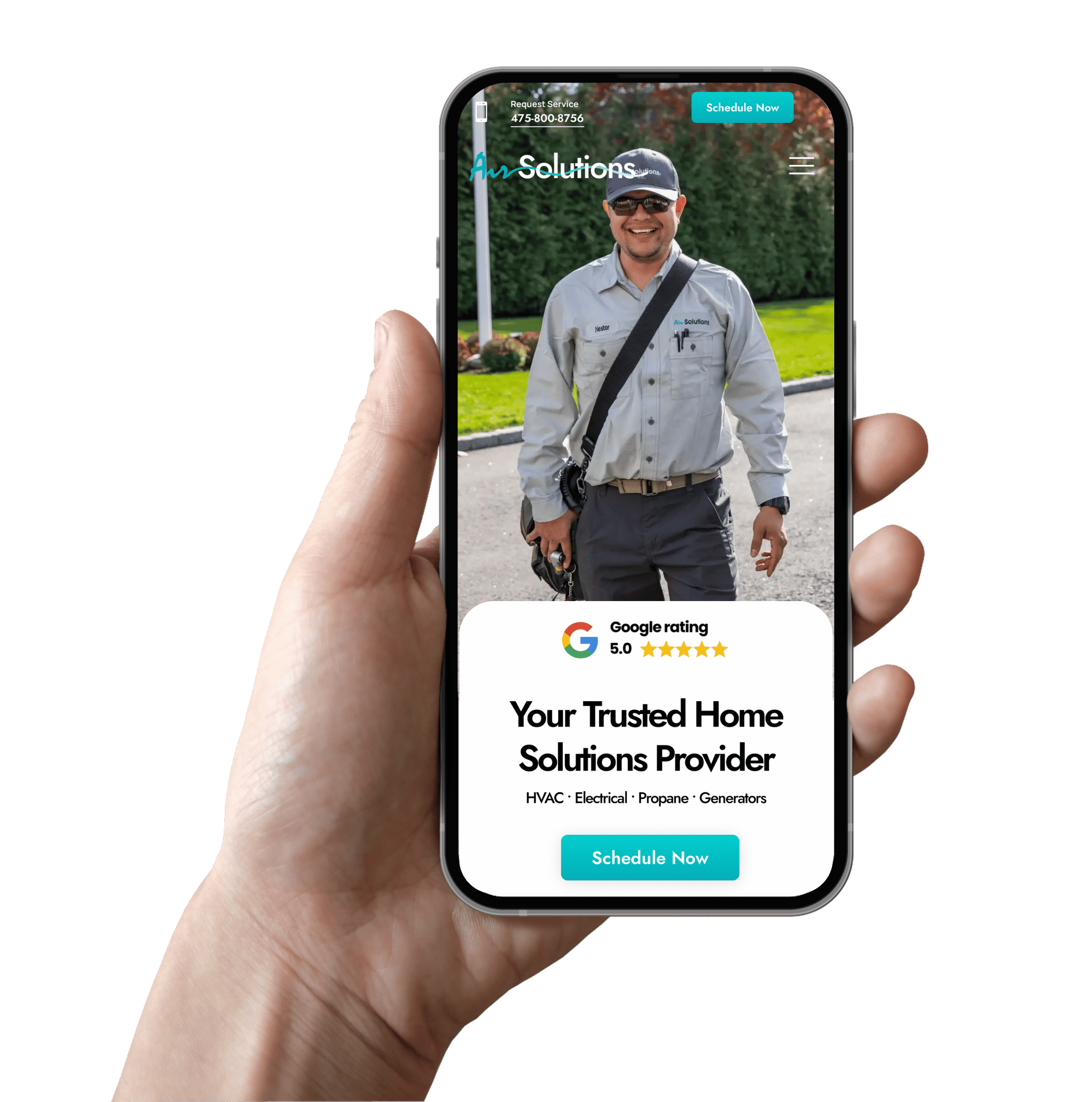 Mobile screen showing a smiling HVAC technician in uniform outdoors, with a Schedule Now button visible.